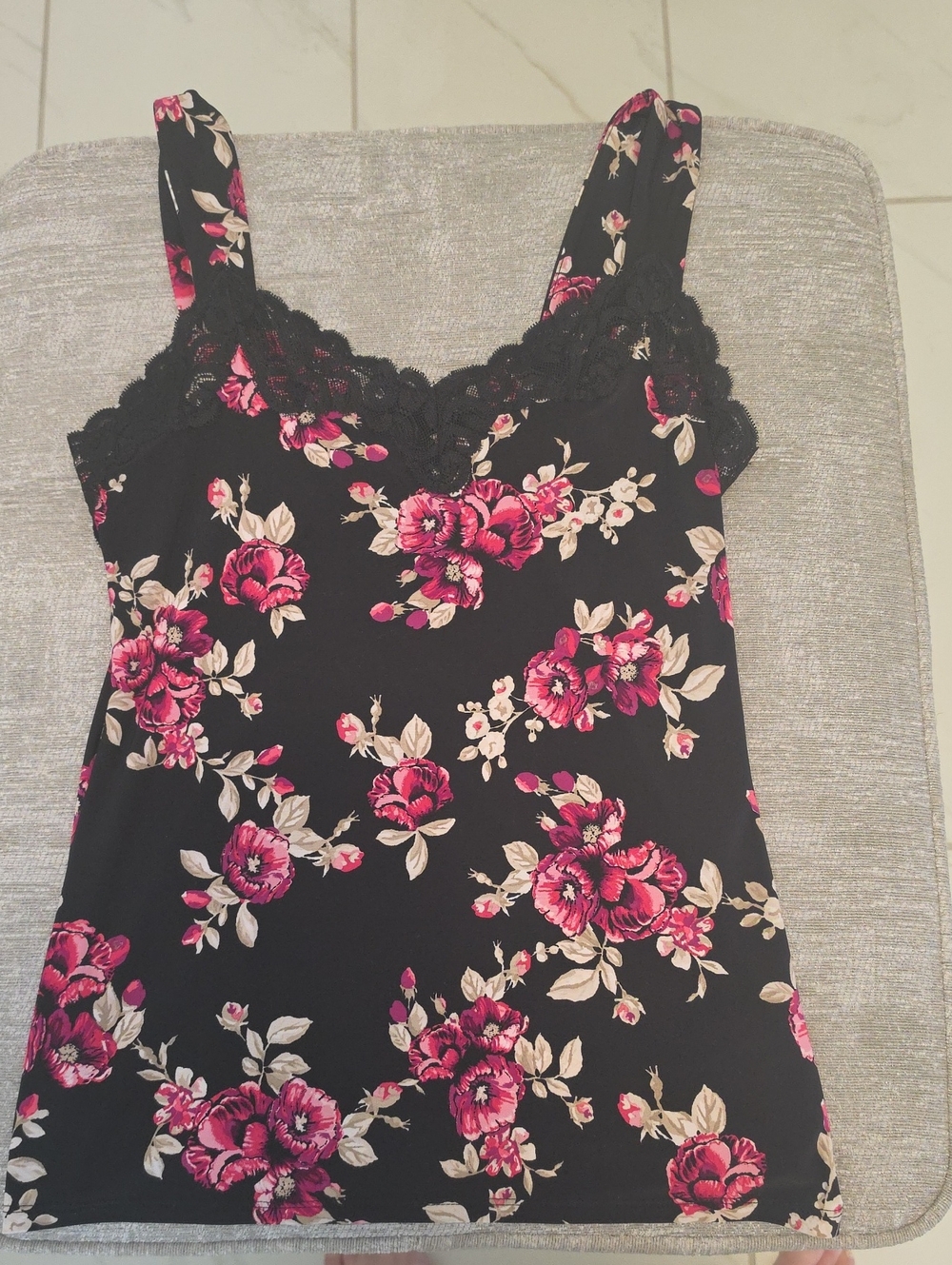 White House Black Market Black Cami with Pink Floral Print and Lace No Smoke